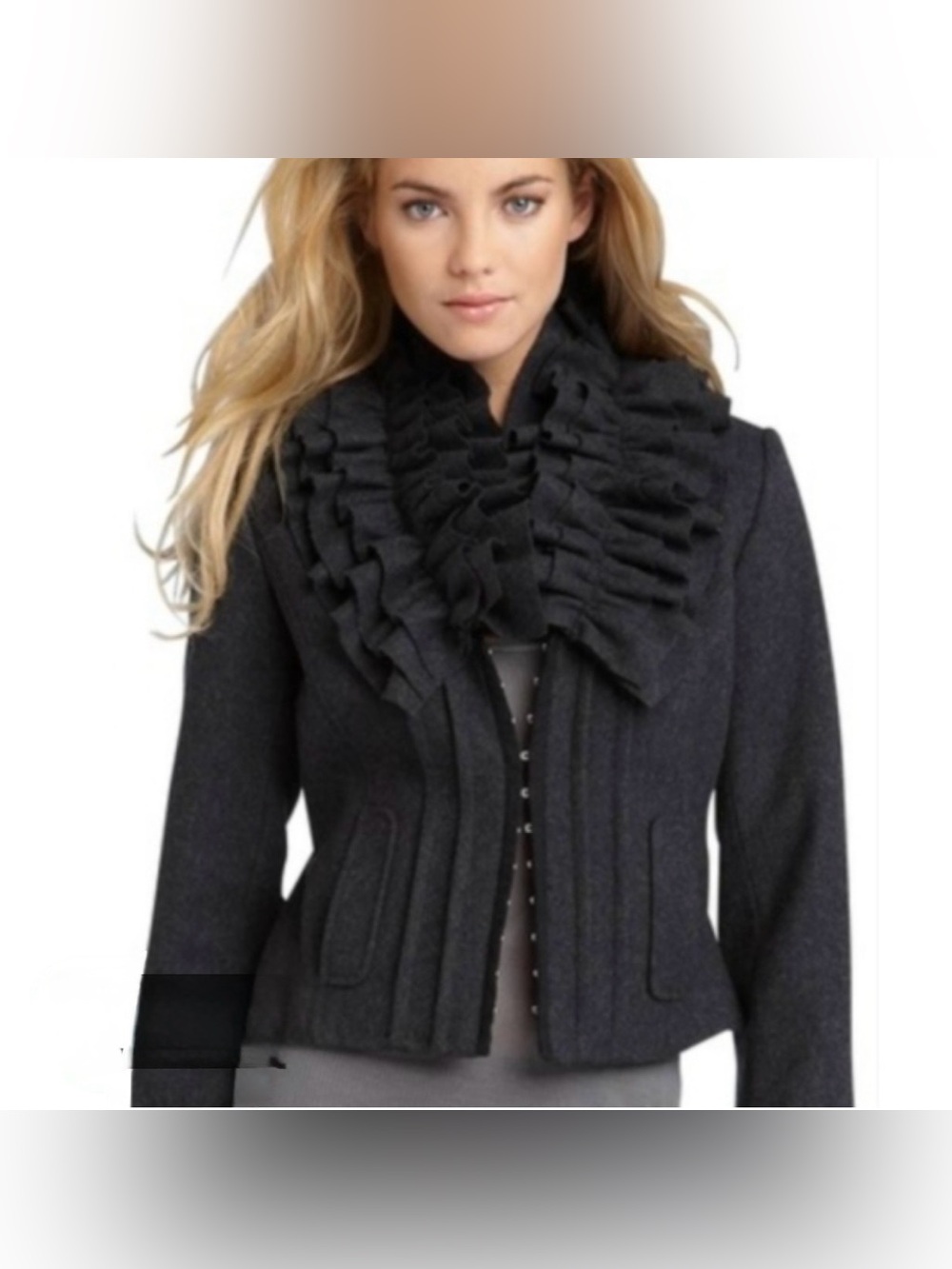 Hinge Ruffled Front Dark Charcoal Wool Blend Jacket